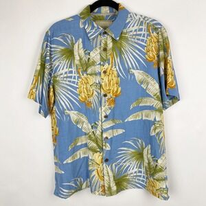 Island Republic Silk Hawaiian Shirt Mens Large Blue Tropical Banana Palm Leaf